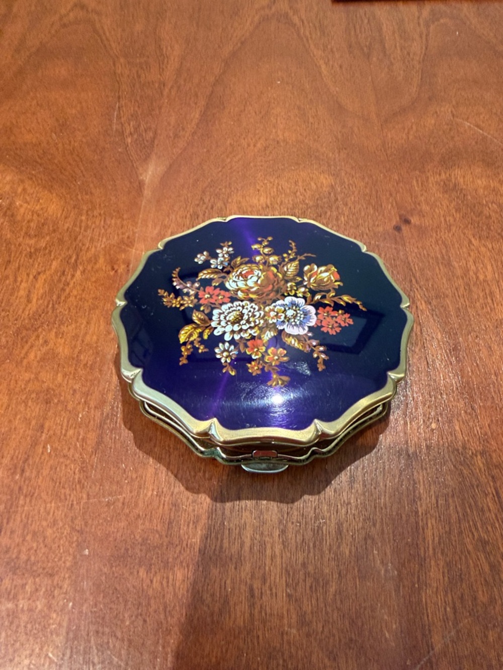 Stratton Vintage Floral Enamel Compact - Deep Purple with Gold Trim